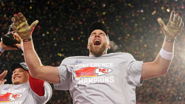 Jan 29, 2023; Kansas City, Missouri, USA; Kansas City Chiefs tight end Travis Kelce (87) celebrates after winning the AFC Championship game against the Cincinnati Bengals at GEHA Field at Arrowhead Stadium. Mandatory Credit: Jay Biggerstaff-USA TODAY Sports